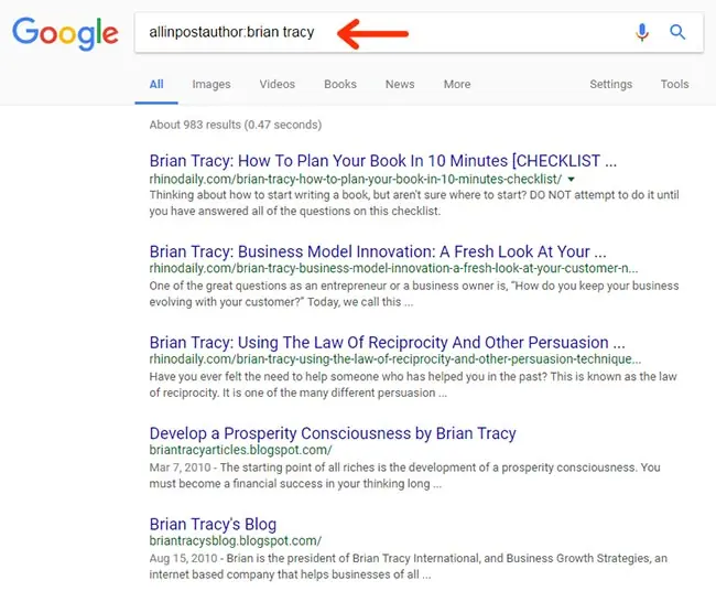 یافتن محتوا بر اساس نویسنده (اپراتور :allinpostauthor)
